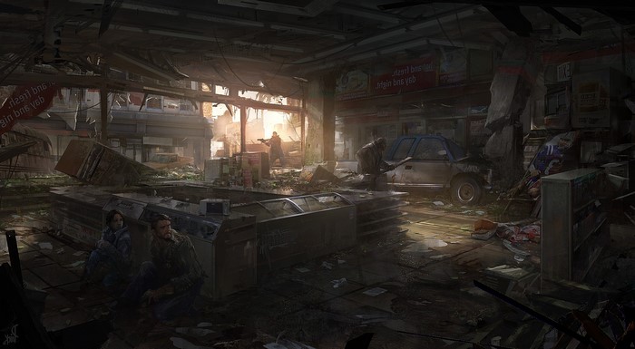 The Last of Us concept art of survivors in a ruined store