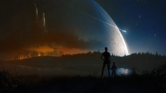 Two figures gaze at a large planet and distant city