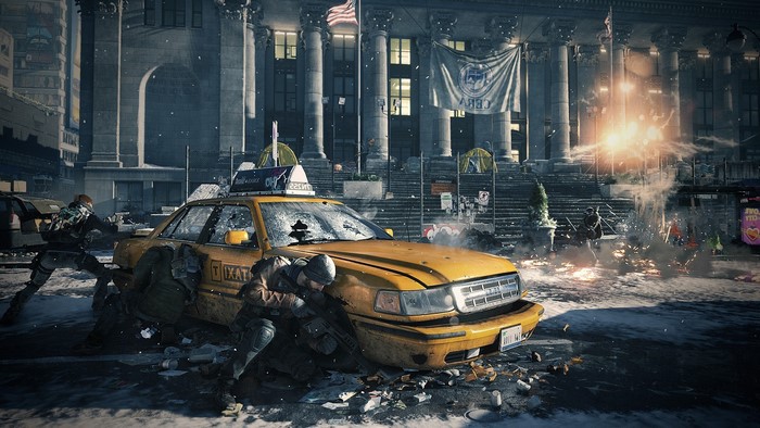 The Division artwork with soldiers and a taxi