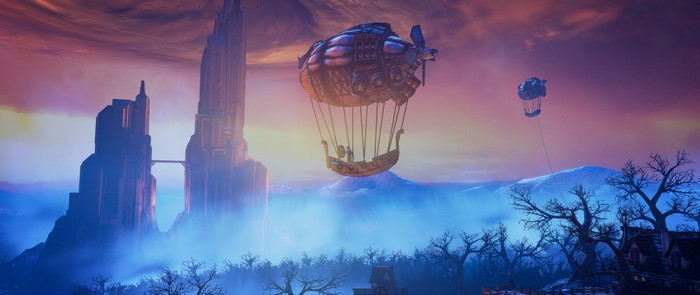 Steampunk airship over a fantasy landscape