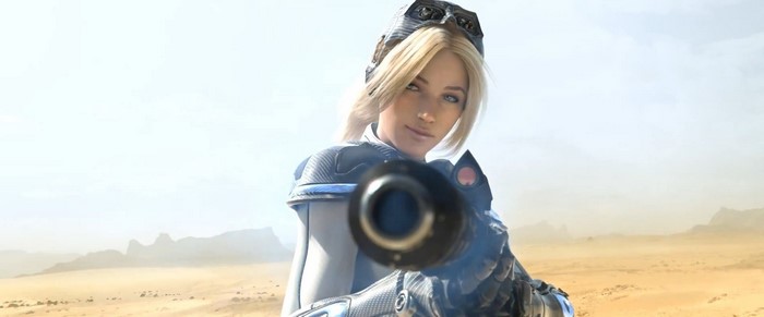 Nova from StarCraft aiming a weapon in a desert