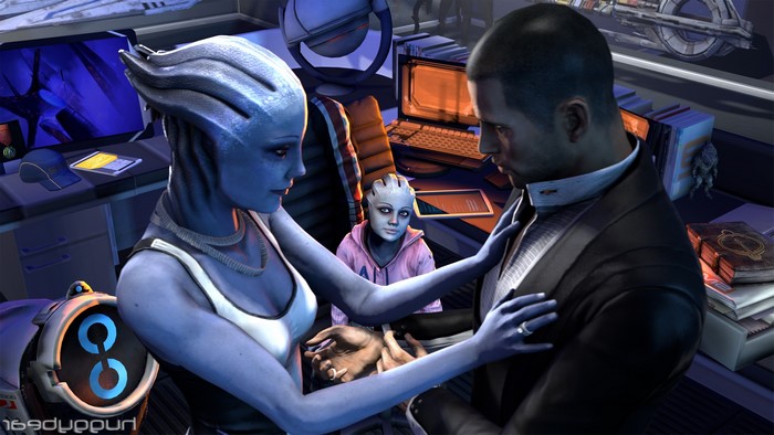 Liara and John Shepard from Mass Effect with a child