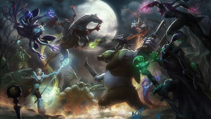 Dota 2 loading screen with multiple heroes fighting