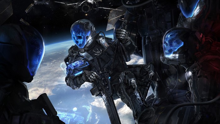 Futuristic soldiers in space with Earth in background