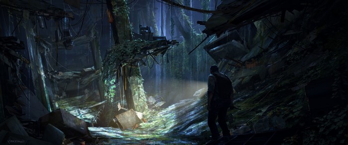 The Last of Us concept art of a man in ruins