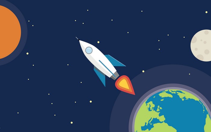 Rocket flying past Earth and Moon in space