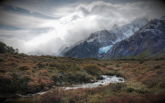 Mountain range with glacier and river