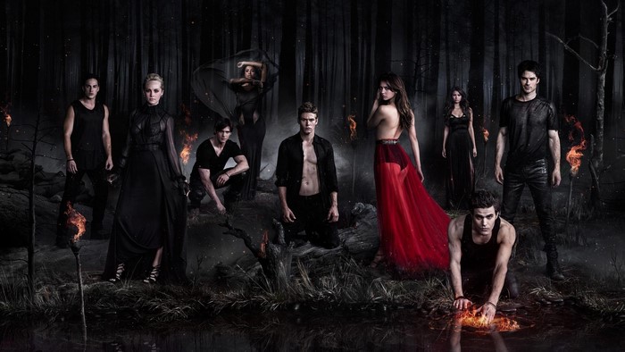 The Vampire Diaries characters in a dark forest