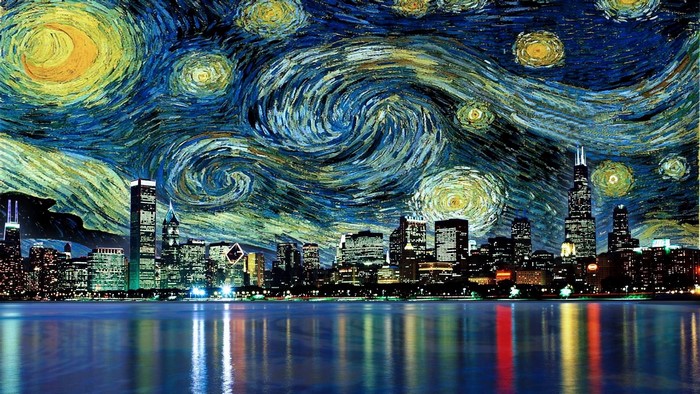 Chicago Starry Night Painting Cityscape