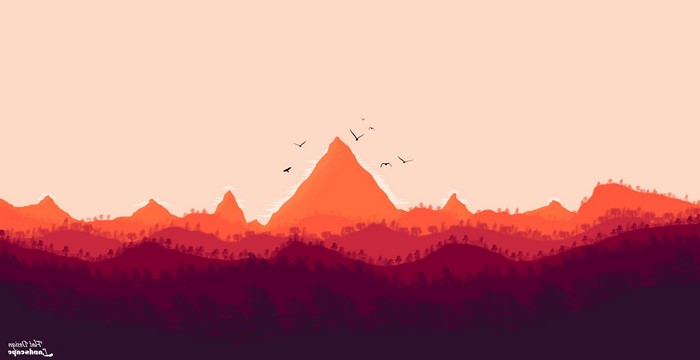Flat Design Landscape with Mountains and Birds