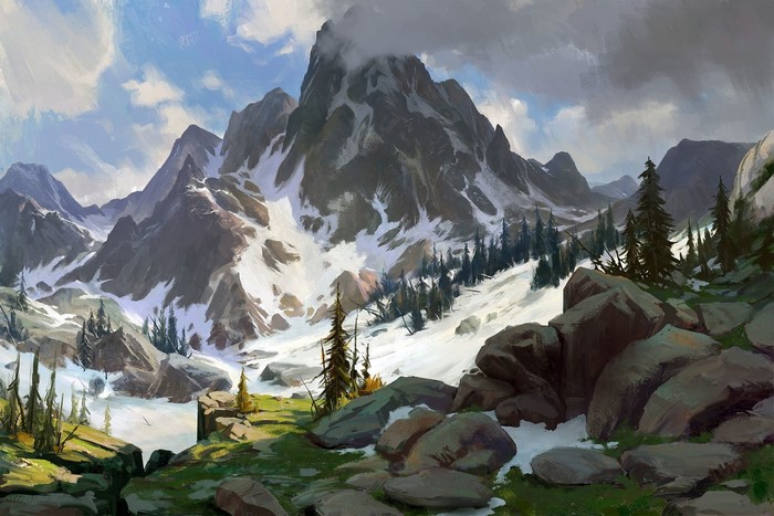 Majestic Snow-Capped Mountain Landscape with Pine Trees