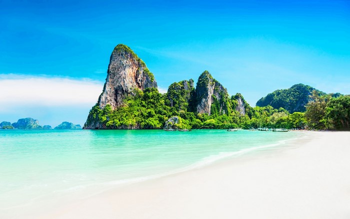 Tropical beach with limestone karsts and turquoise water