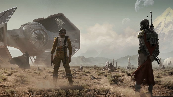 Star Wars Mandalorian and Rebel Pilot near TIE Advanced