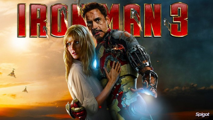 Iron Man 3 movie poster with Tony Stark and Pepper Potts