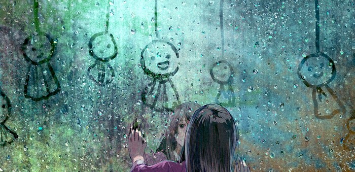 Anime girls drawing on a rainy window