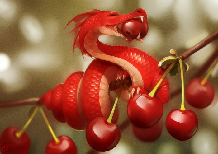 Red dragon eating cherries from a branch