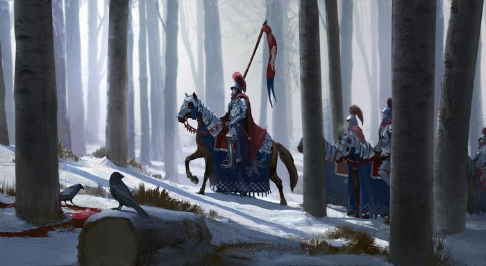 Knights in armor on horseback in a snowy forest