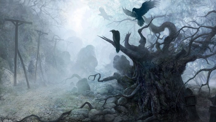 Misty Dark Forest with Ancient Tree and Crows