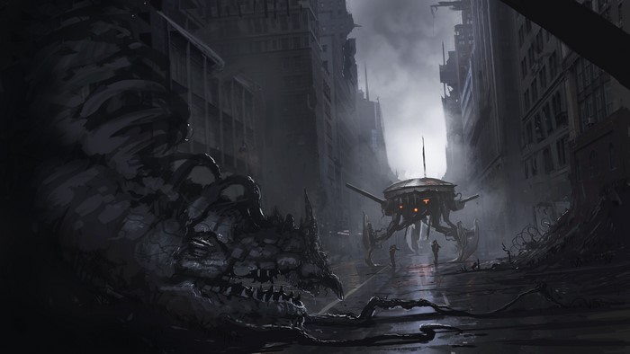 Post-apocalyptic city with robot and creature