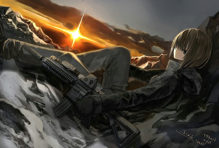 Anime girl with a rifle in a mountainous landscape at sunset