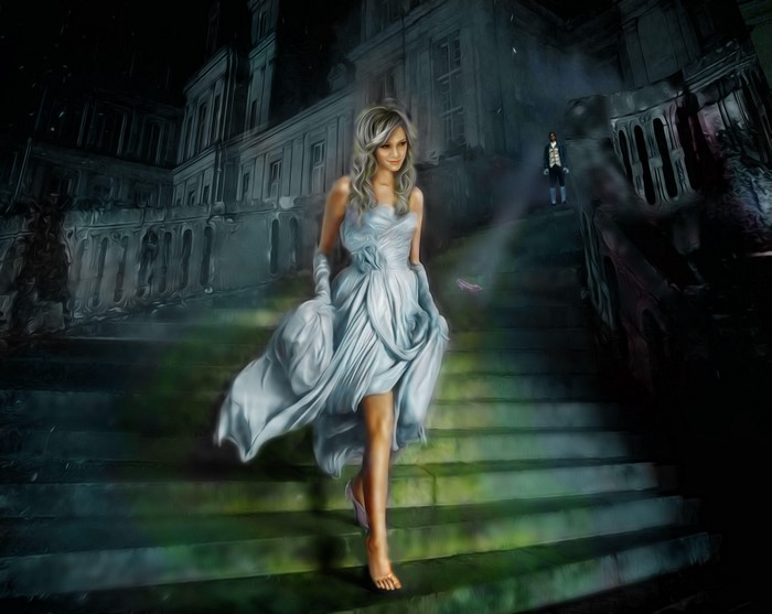 Cinderella in White Dress Descends Castle Staircase
