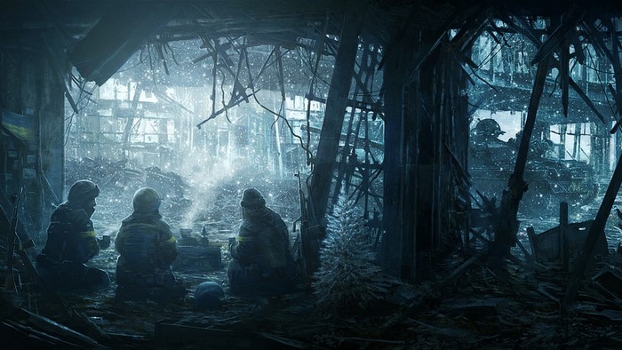 Soldiers in ruined building with snow and Christmas tree