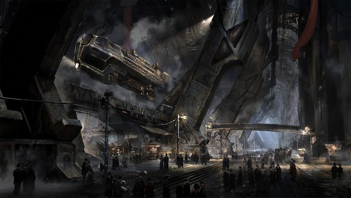 Steampunk airship station with crowds