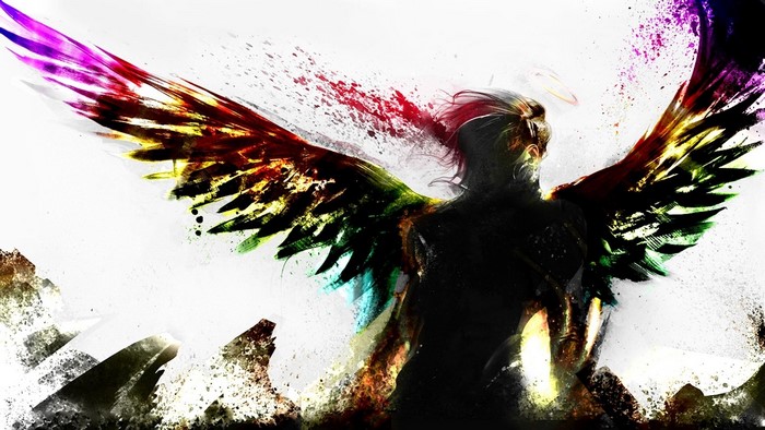 Digital art of an angel with colorful wings