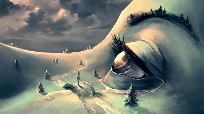 Surreal landscape with a giant eye and a person on a bridge