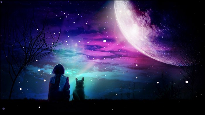Girl and dog looking at a fantasy planet and starry sky