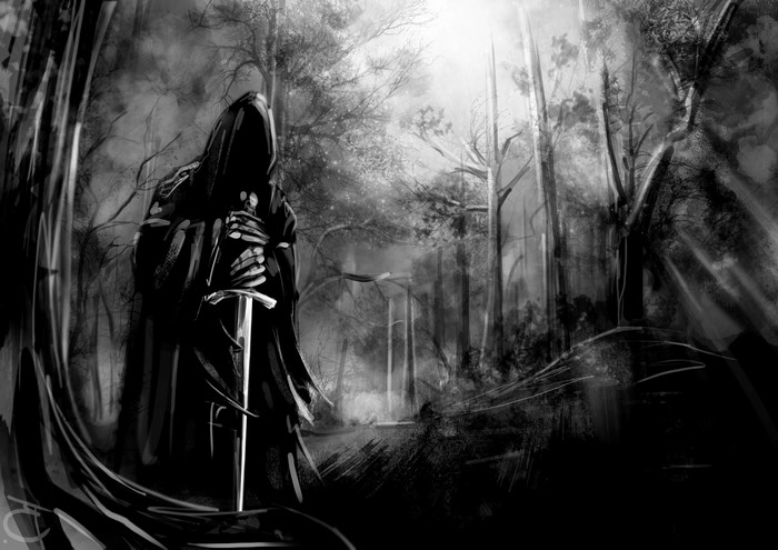 Nazgul with sword in dark forest from Lord of the Rings
