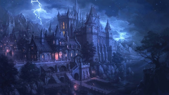 Gothic castle on a rocky shore during a lightning storm