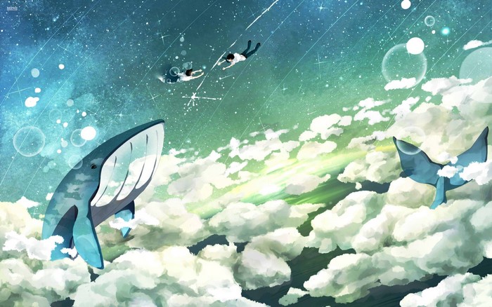 Fantasy art of whales and people flying in the sky