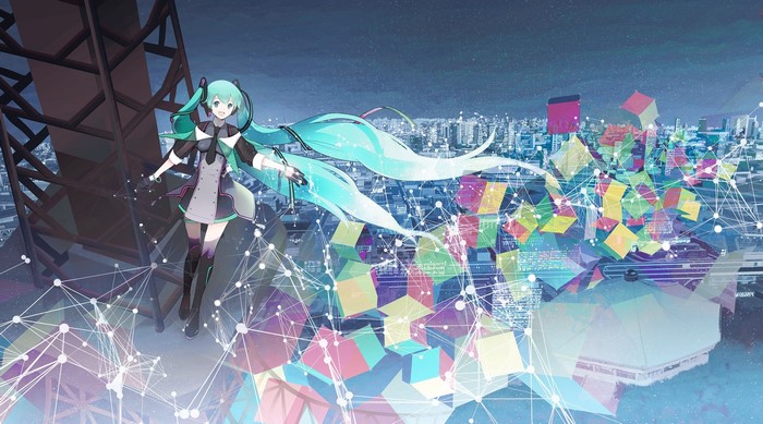 Hatsune Miku in a futuristic cityscape