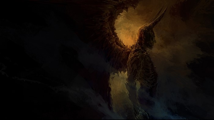 Demon creature with horns and wings in dark fantasy art