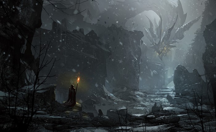 Fantasy art of a dragon and a robed figure in snow