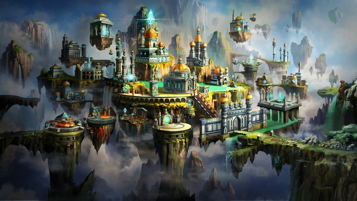 Fantasy floating city artwork from Might and Magic Heroes VII