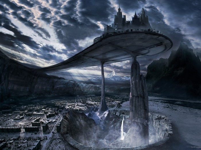 Fantasy city on a floating platform over a chasm