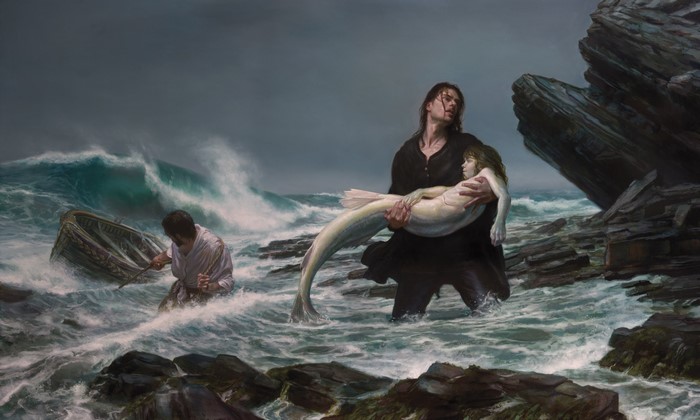 Man carrying a mermaid ashore with a boat and waves