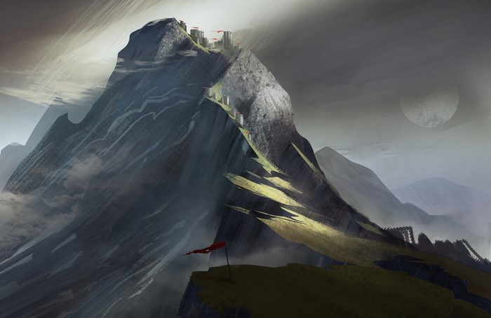 Fantasy mountain pass with castle ruins and red flag