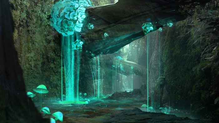 Alien swamp with glowing mushrooms and crashed spaceship
