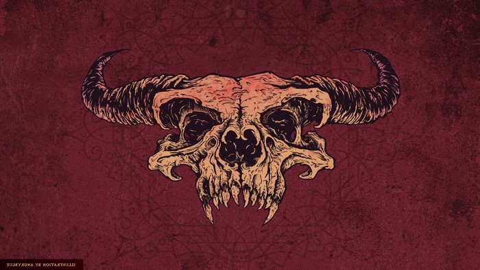 Demonic skull with horns on a textured red background