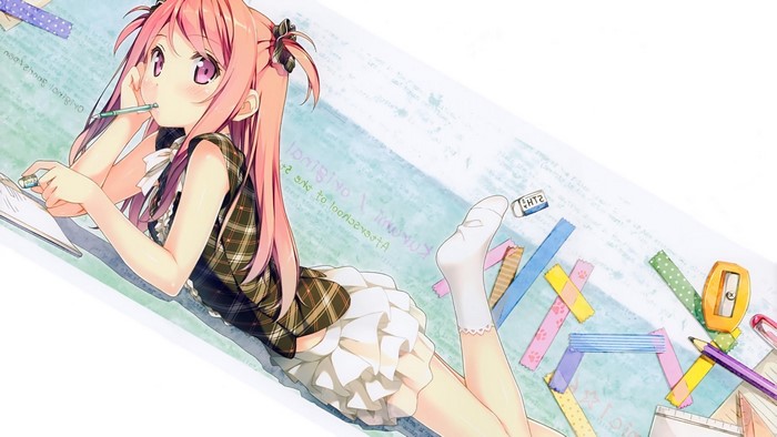 Anime girl with pink hair studying
