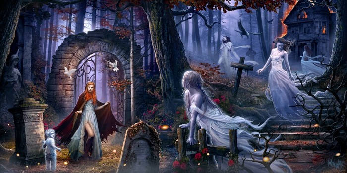 Fantasy art of ghosts and a woman in a haunted forest
