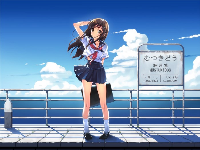 Anime girl in school uniform at a train station