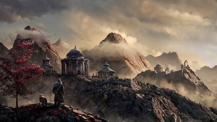Fantasy landscape with ancient ruins and a traveler with a wolf