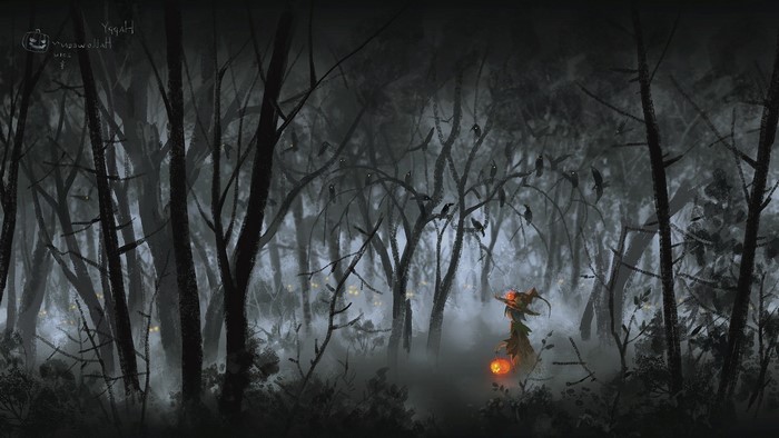 Halloween forest with scarecrow and crows