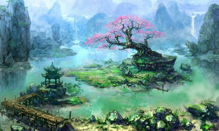 Fantasy landscape with cherry blossom tree and pagoda