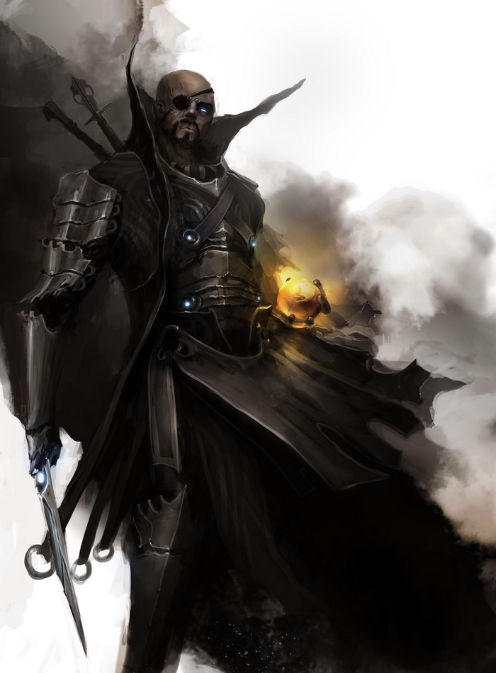 Fantasy art of a bald man with an eyepatch holding a glowing orb