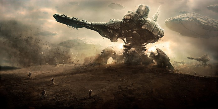 Concept art of a mech war with soldiers and spaceships